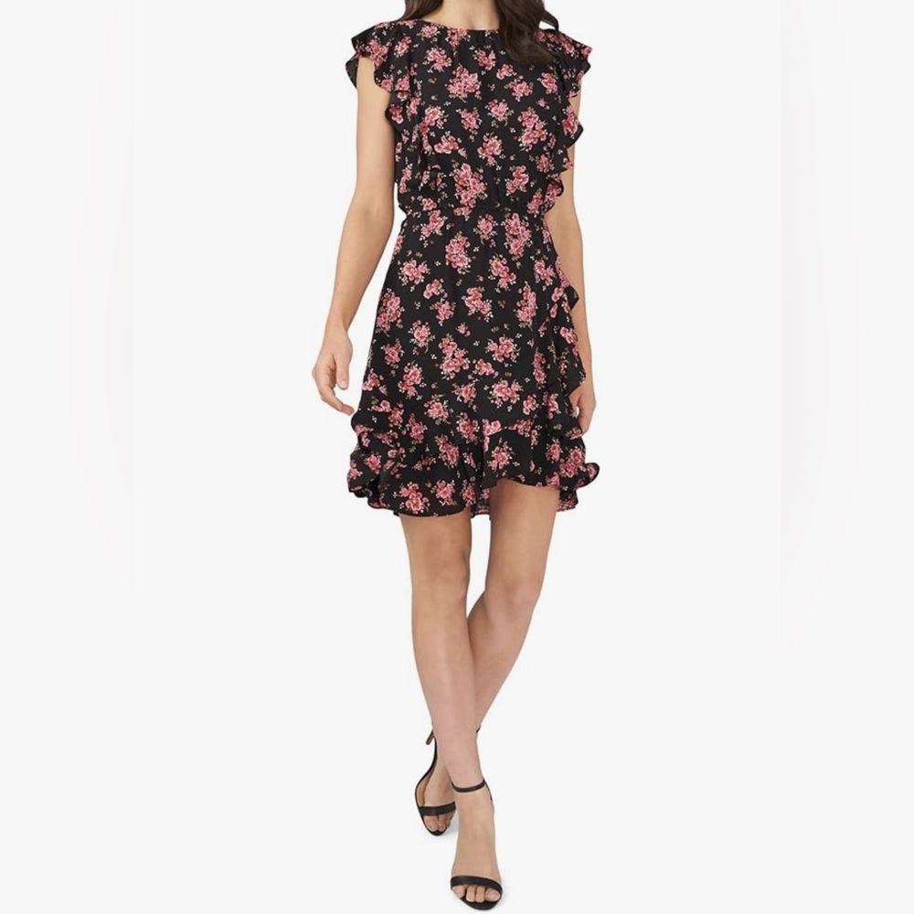 CeCe Black Flutter Sleeve Ruffle Dress sz Large
